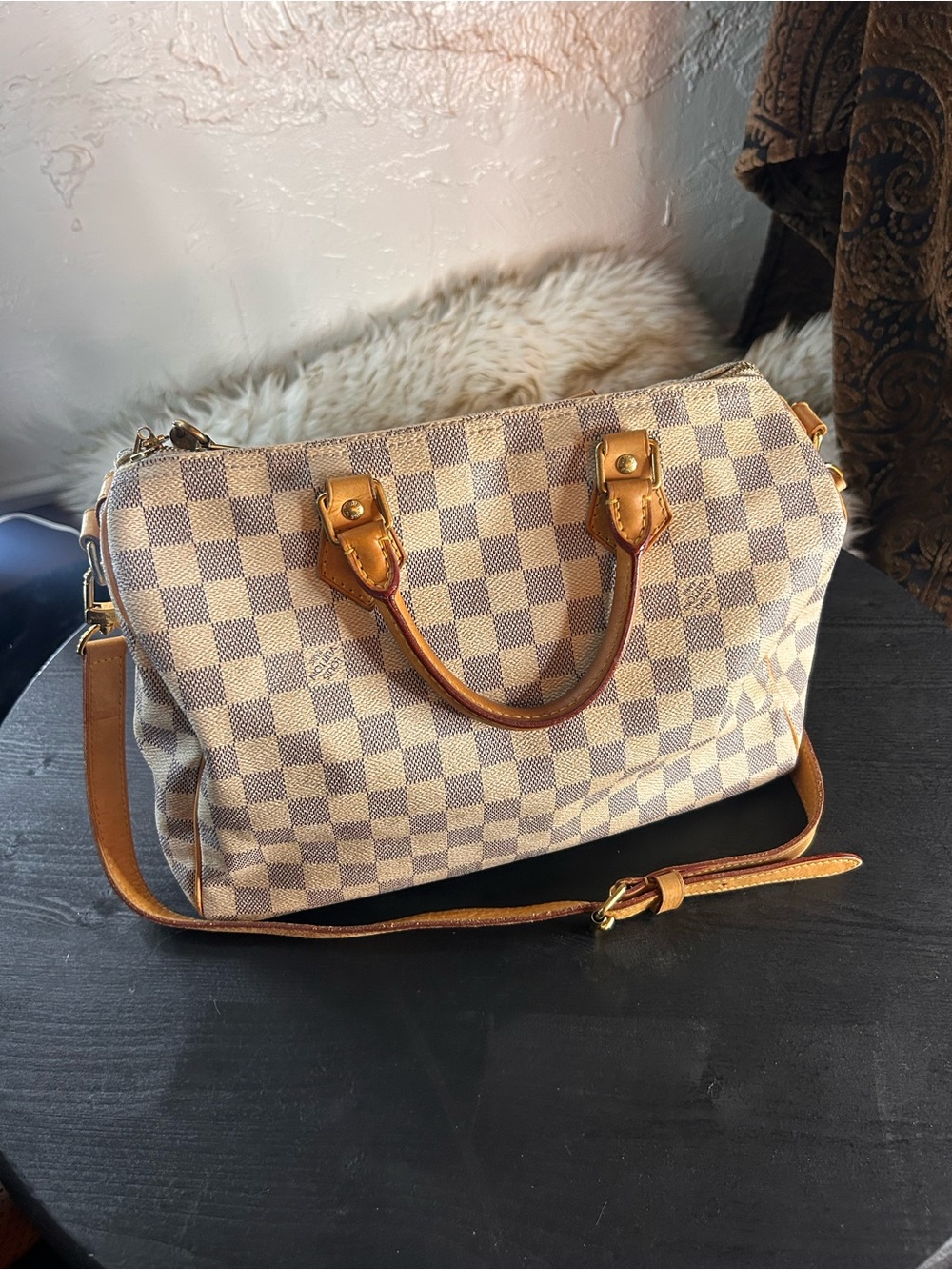 Louis Vuitton Cream Checkered Speedy Bandoulière with Tan Trim